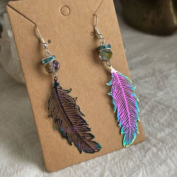 Iridescent Rainbow Feather Dangle Rhinestone Earrings .925 Sterling Silver - Picture 3 of 6